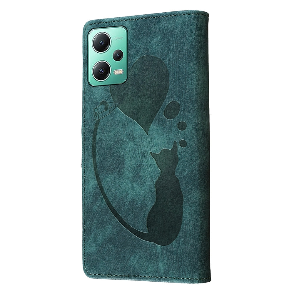 Xiaomi Redmi Note 12 5G Global Pen Heart Cat Embossed Leather Phone Case with Wear-Resistant TPU+PU, Lightweight Wallet Stand Function, and Precise Cutouts for Ultimate Protection