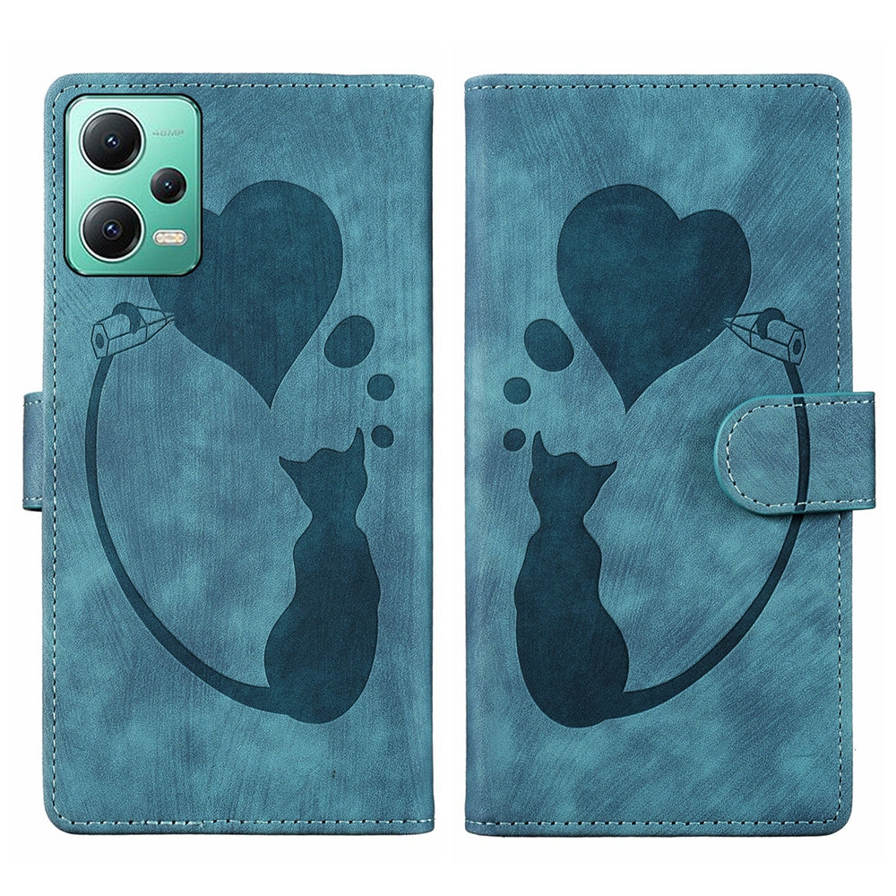Xiaomi Redmi Note 12 5G Global Pen Heart Cat Embossed Leather Phone Case with Wear-Resistant TPU+PU, Lightweight Wallet Stand Function, and Precise Cutouts for Ultimate Protection