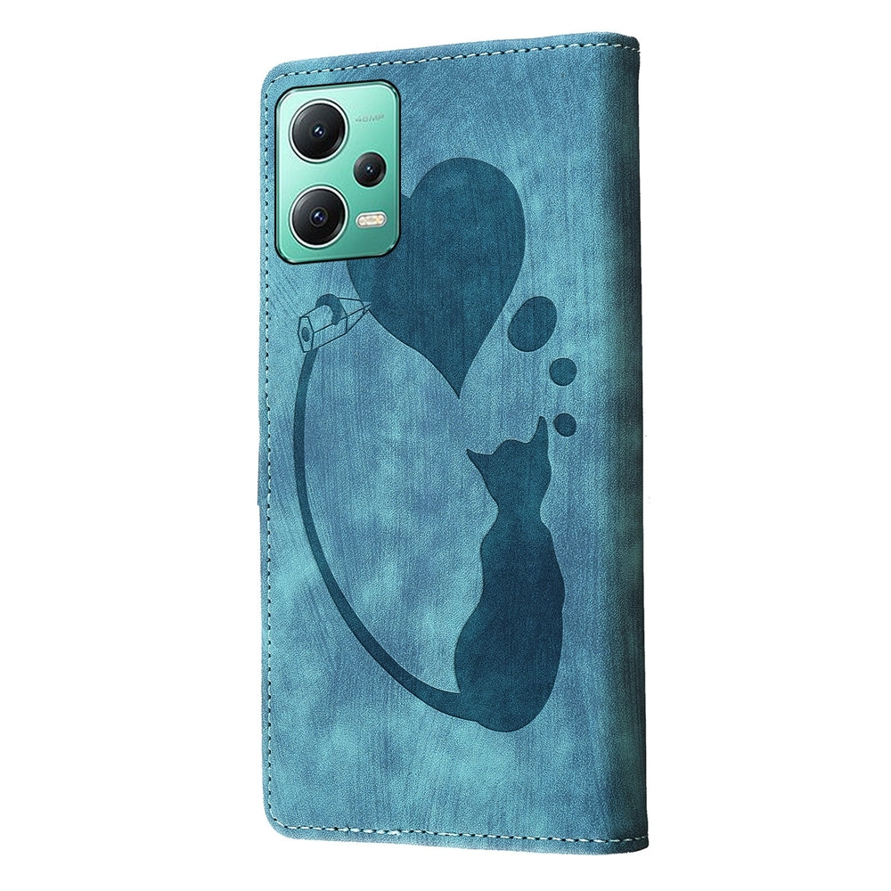 Xiaomi Redmi Note 12 5G Global Pen Heart Cat Embossed Leather Phone Case with Wear-Resistant TPU+PU, Lightweight Wallet Stand Function, and Precise Cutouts for Ultimate Protection