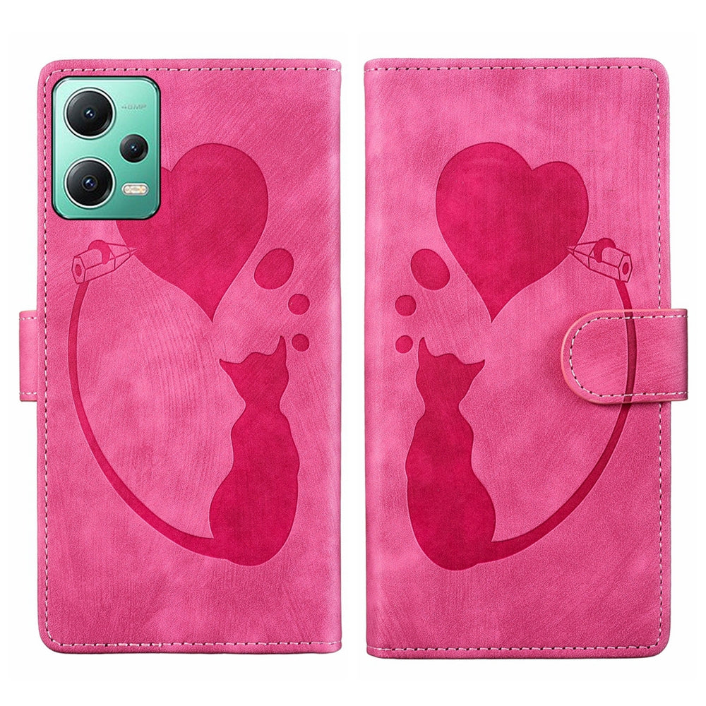 Xiaomi Redmi Note 12 5G Global Pen Heart Cat Embossed Leather Phone Case with Wear-Resistant TPU+PU, Lightweight Wallet Stand Function, and Precise Cutouts for Ultimate Protection