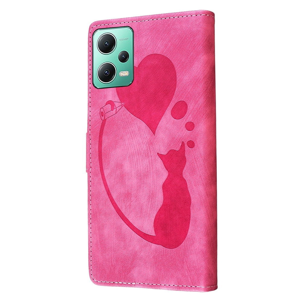 Xiaomi Redmi Note 12 5G Global Pen Heart Cat Embossed Leather Phone Case with Wear-Resistant TPU+PU, Lightweight Wallet Stand Function, and Precise Cutouts for Ultimate Protection