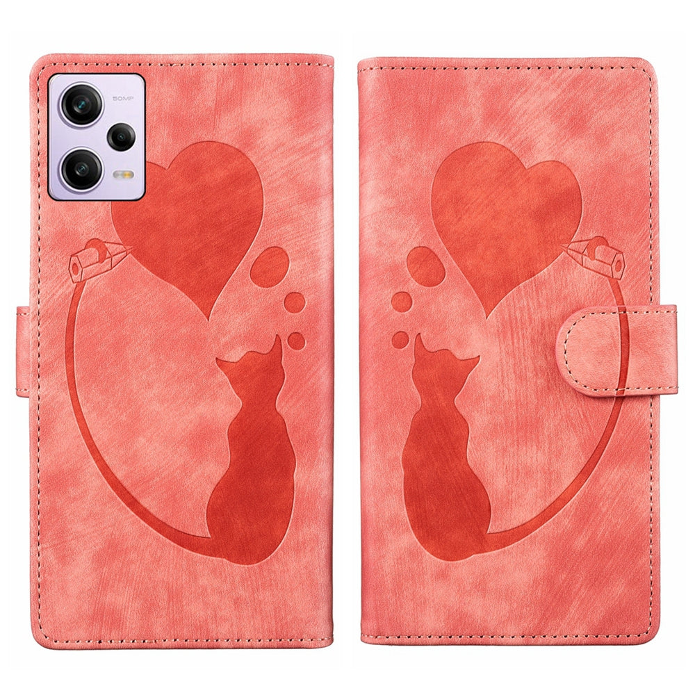 Xiaomi Redmi Note 12 Pro 5G Global Pen Heart Cat Embossed Leather Phone Case with Wear-Resistant TPU+PU, Lightweight Wallet Stand Function, and Precise Cutouts for Ultimate Protection