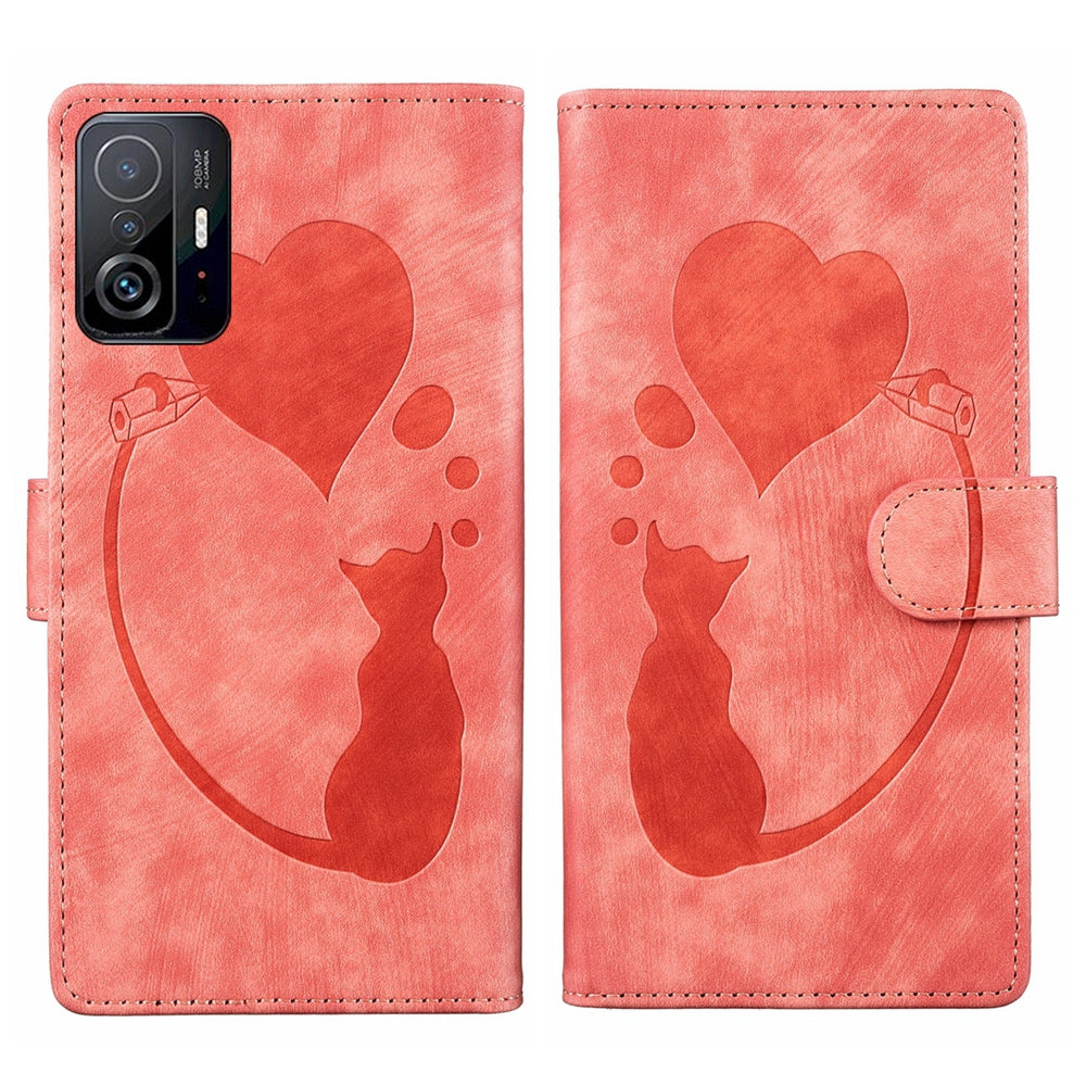 Xiaomi 11T Pro Pen Heart Cat Embossed Leather Phone Case with Wear-Resistant TPU+PU, Lightweight Wallet Stand Function, and Precise Cutouts for Ultimate Protection