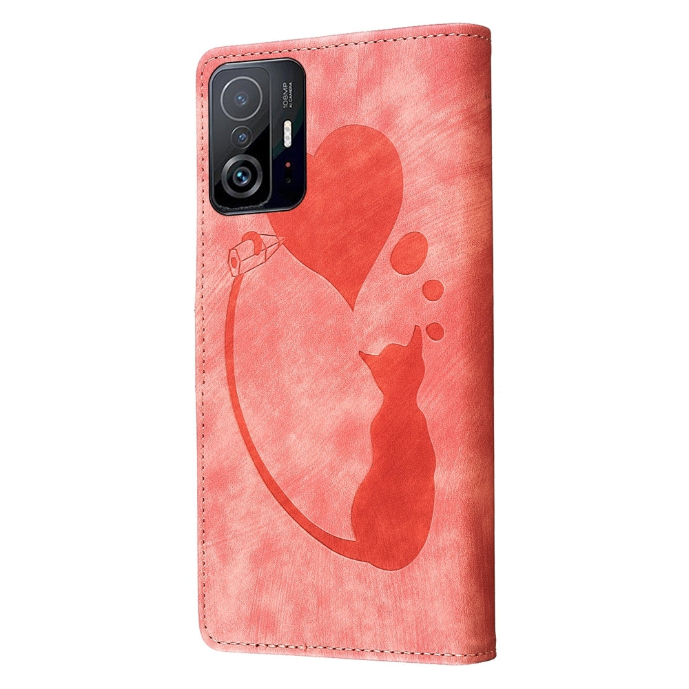 Xiaomi 11T Pro Pen Heart Cat Embossed Leather Phone Case with Wear-Resistant TPU+PU, Lightweight Wallet Stand Function, and Precise Cutouts for Ultimate Protection