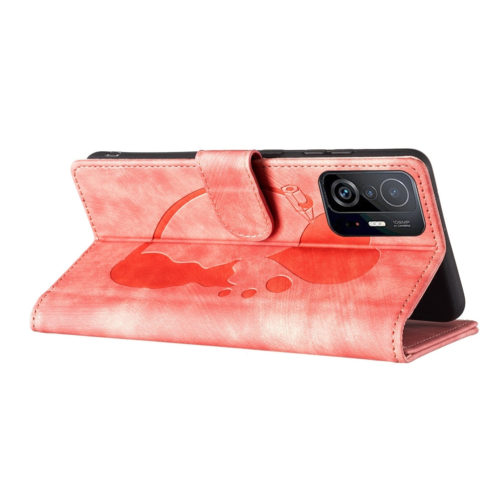 Xiaomi 11T Pro Pen Heart Cat Embossed Leather Phone Case with Wear-Resistant TPU+PU, Lightweight Wallet Stand Function, and Precise Cutouts for Ultimate Protection
