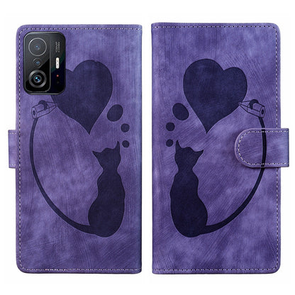 Xiaomi 11T Pro Pen Heart Cat Embossed Leather Phone Case with Wear-Resistant TPU+PU, Lightweight Wallet Stand Function, and Precise Cutouts for Ultimate Protection