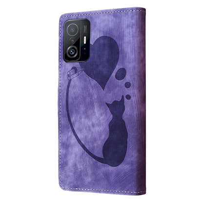 Xiaomi 11T Pen Heart Cat Embossed Leather Phone Case with Wear-Resistant TPU+PU, Lightweight Wallet Stand Function, and Precise Cutouts for Ultimate Protection