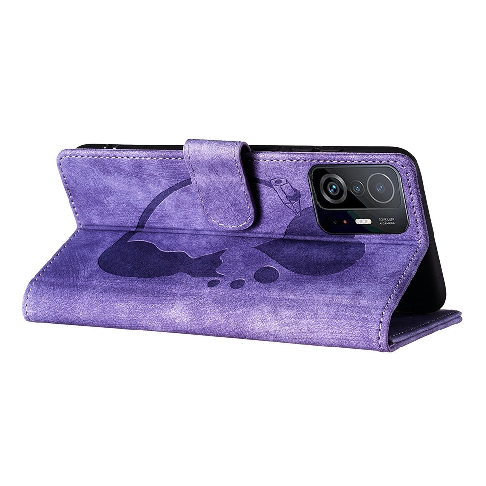 Xiaomi 11T Pro Pen Heart Cat Embossed Leather Phone Case with Wear-Resistant TPU+PU, Lightweight Wallet Stand Function, and Precise Cutouts for Ultimate Protection