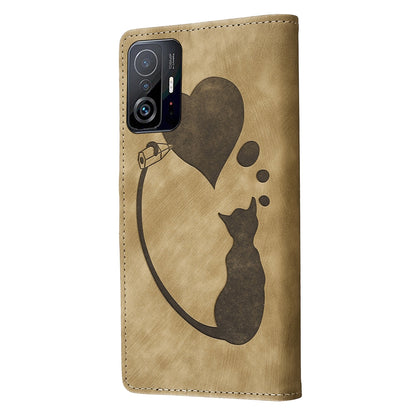 Xiaomi 11T Pen Heart Cat Embossed Leather Phone Case with Wear-Resistant TPU+PU, Lightweight Wallet Stand Function, and Precise Cutouts for Ultimate Protection