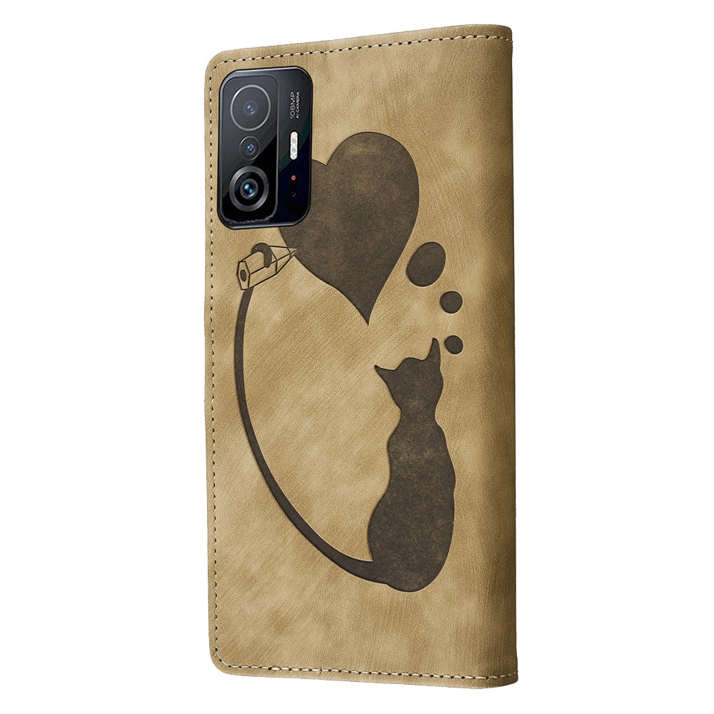 Xiaomi 11T Pro Pen Heart Cat Embossed Leather Phone Case with Wear-Resistant TPU+PU, Lightweight Wallet Stand Function, and Precise Cutouts for Ultimate Protection
