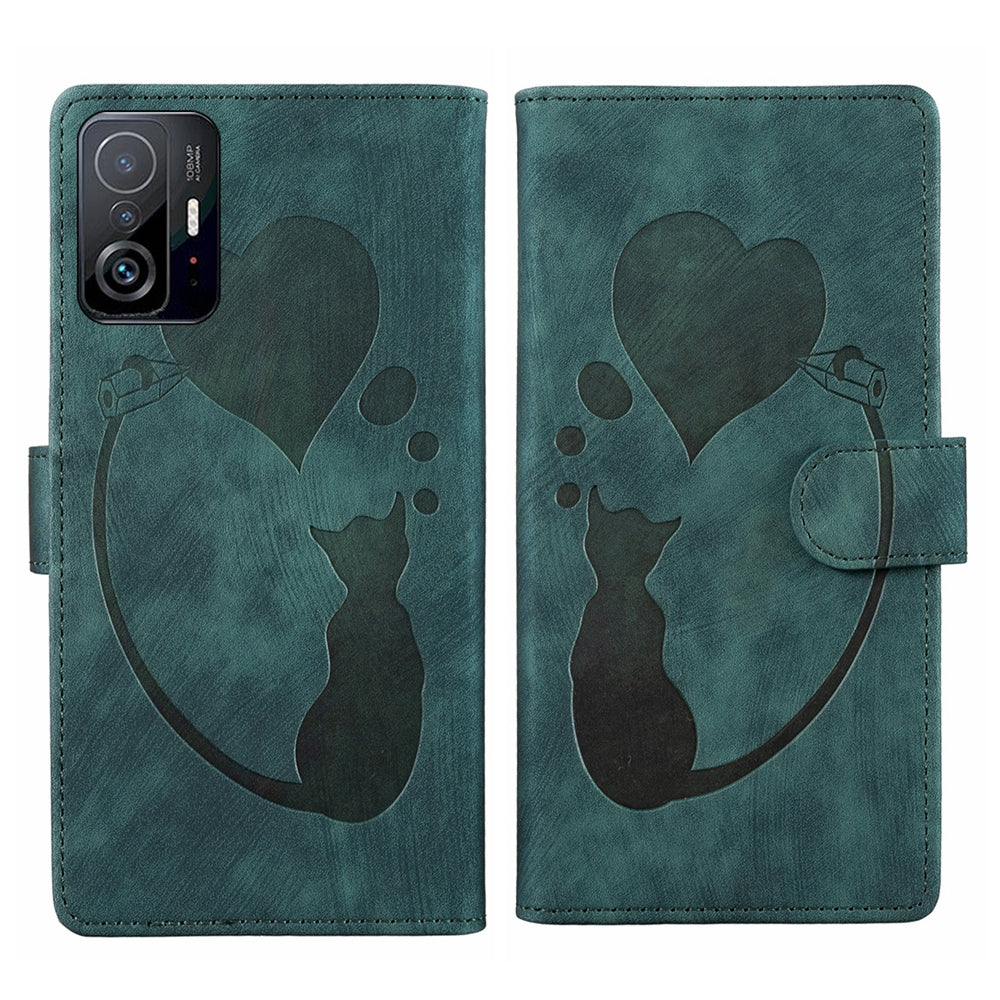 Xiaomi 11T Pen Heart Cat Embossed Leather Phone Case with Wear-Resistant TPU+PU, Lightweight Wallet Stand Function, and Precise Cutouts for Ultimate Protection