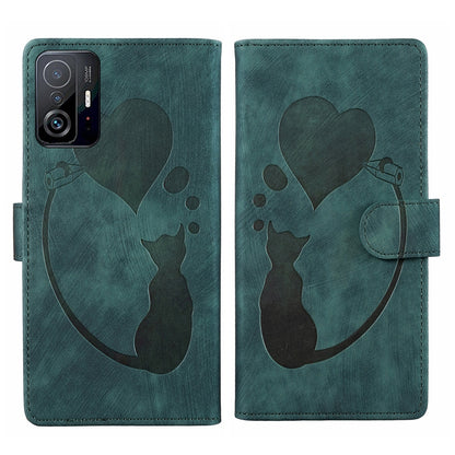 Xiaomi 11T Pen Heart Cat Embossed Leather Phone Case with Wear-Resistant TPU+PU, Lightweight Wallet Stand Function, and Precise Cutouts for Ultimate Protection