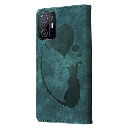Xiaomi 11T Pro Pen Heart Cat Embossed Leather Phone Case with Wear-Resistant TPU+PU, Lightweight Wallet Stand Function, and Precise Cutouts for Ultimate Protection