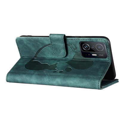 Xiaomi 11T Pen Heart Cat Embossed Leather Phone Case with Wear-Resistant TPU+PU, Lightweight Wallet Stand Function, and Precise Cutouts for Ultimate Protection