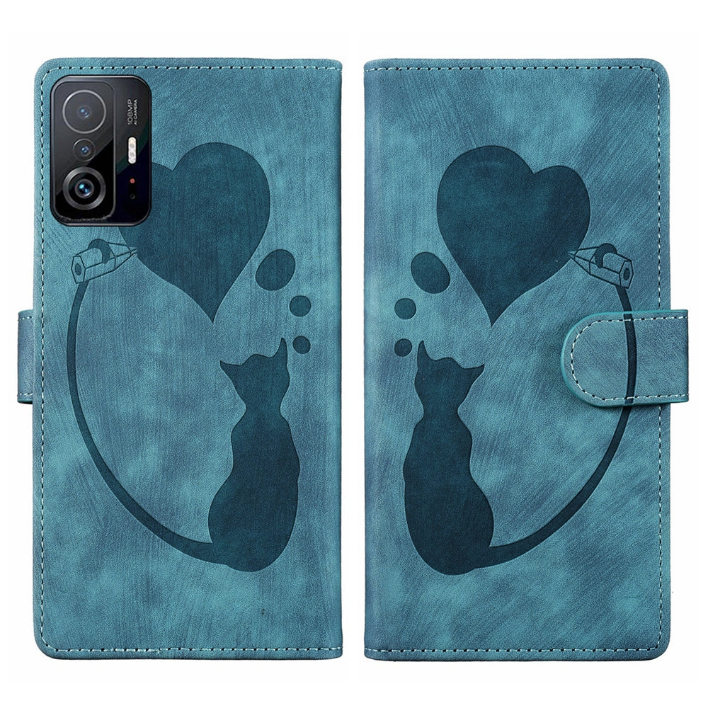 Xiaomi 11T Pen Heart Cat Embossed Leather Phone Case with Wear-Resistant TPU+PU, Lightweight Wallet Stand Function, and Precise Cutouts for Ultimate Protection