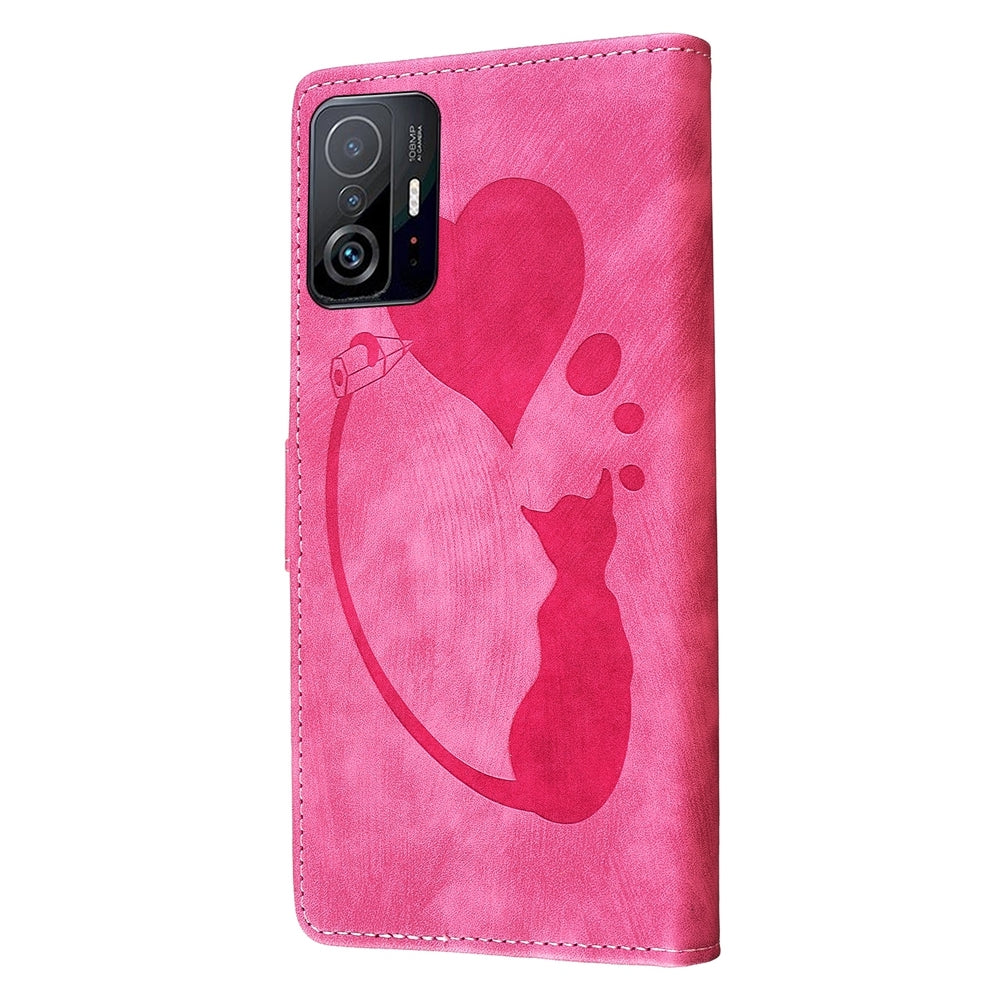 Xiaomi 11T Pen Heart Cat Embossed Leather Phone Case with Wear-Resistant TPU+PU, Lightweight Wallet Stand Function, and Precise Cutouts for Ultimate Protection