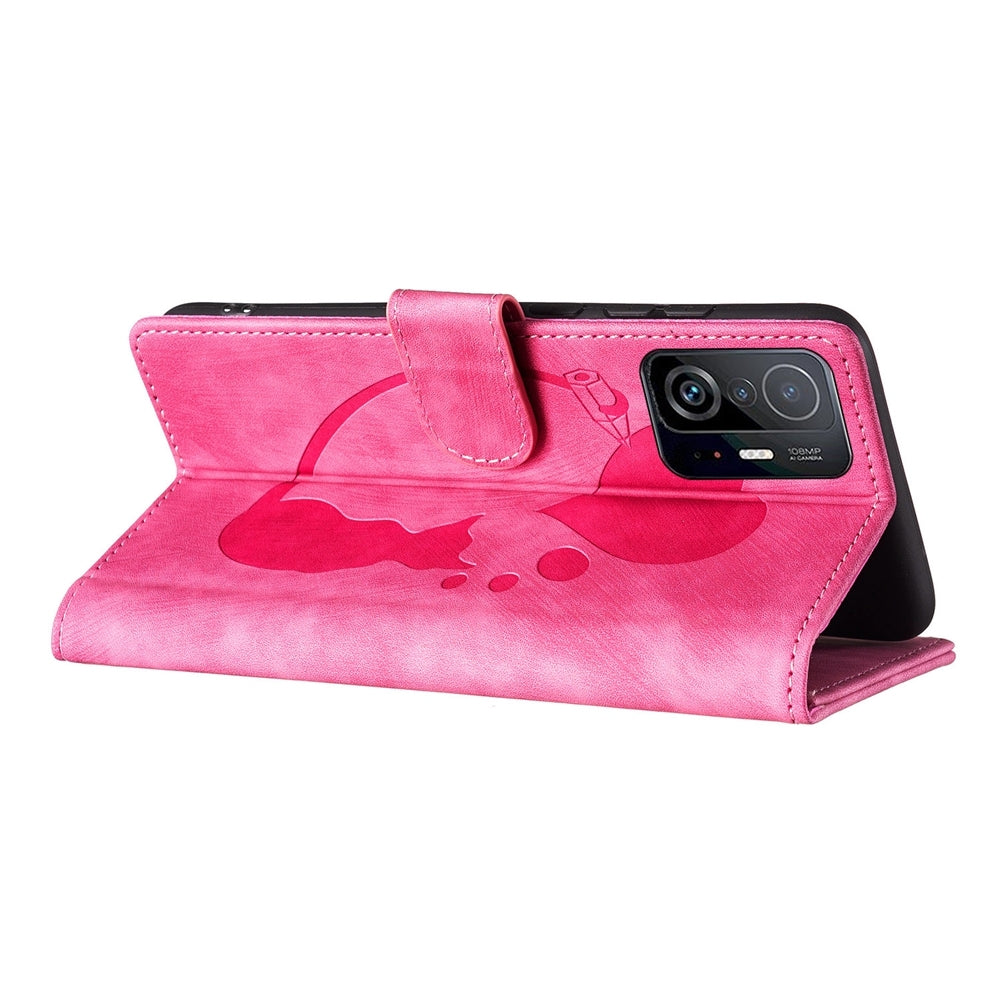 Xiaomi 11T Pro Pen Heart Cat Embossed Leather Phone Case with Wear-Resistant TPU+PU, Lightweight Wallet Stand Function, and Precise Cutouts for Ultimate Protection