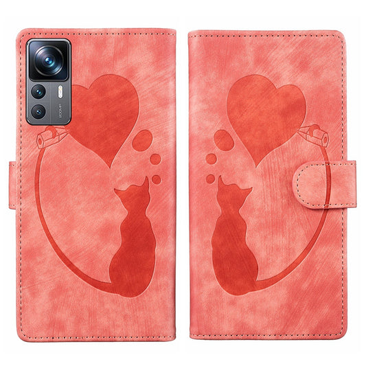 Xiaomi 12T Pen Heart Cat Embossed Leather Phone Case with Wear-Resistant TPU+PU, Lightweight Wallet Stand Function, and Precise Cutouts for Ultimate Protection