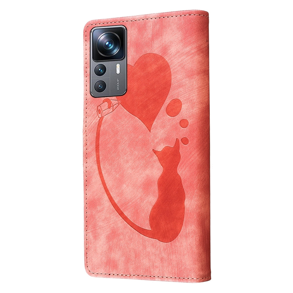 Xiaomi 12T Pen Heart Cat Embossed Leather Phone Case with Wear-Resistant TPU+PU, Lightweight Wallet Stand Function, and Precise Cutouts for Ultimate Protection