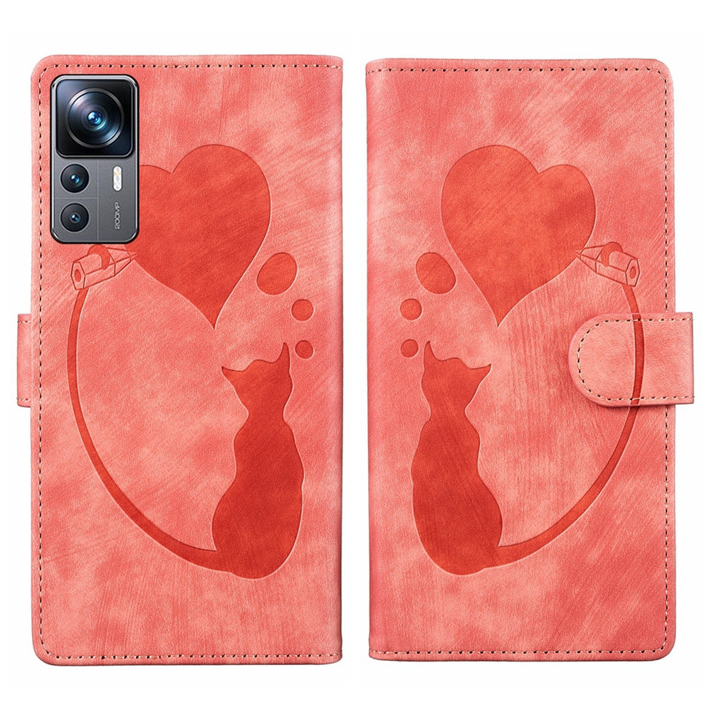 Xiaomi 12T Pro Pen Heart Cat Embossed Leather Phone Case with Wear-Resistant TPU+PU, Lightweight Wallet Stand Function, and Precise Cutouts for Ultimate Protection