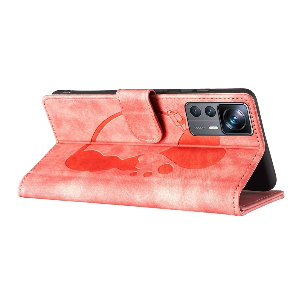 Xiaomi 12T Pro Pen Heart Cat Embossed Leather Phone Case with Wear-Resistant TPU+PU, Lightweight Wallet Stand Function, and Precise Cutouts for Ultimate Protection