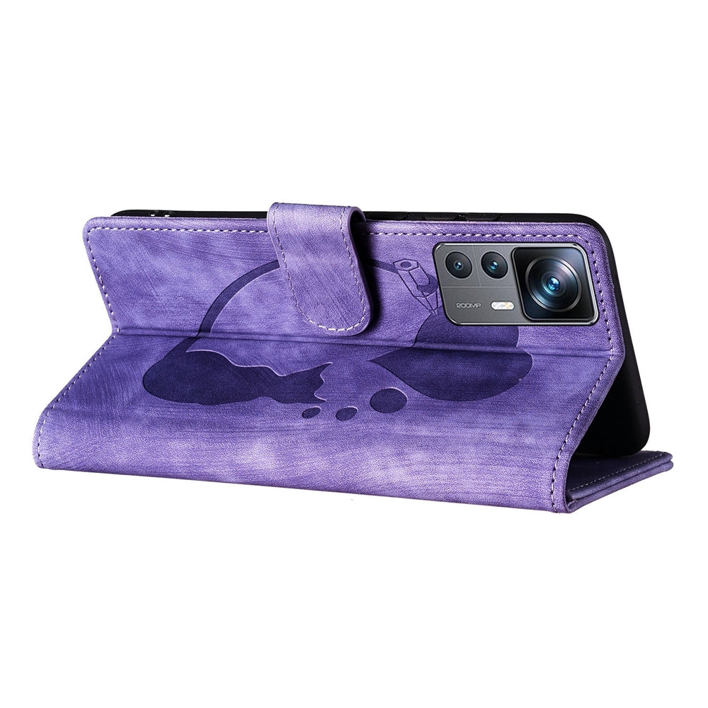 Xiaomi 12T Pen Heart Cat Embossed Leather Phone Case with Wear-Resistant TPU+PU, Lightweight Wallet Stand Function, and Precise Cutouts for Ultimate Protection