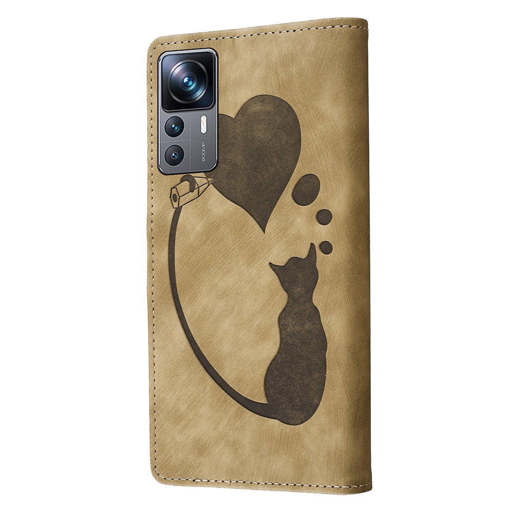 Xiaomi 12T Pen Heart Cat Embossed Leather Phone Case with Wear-Resistant TPU+PU, Lightweight Wallet Stand Function, and Precise Cutouts for Ultimate Protection