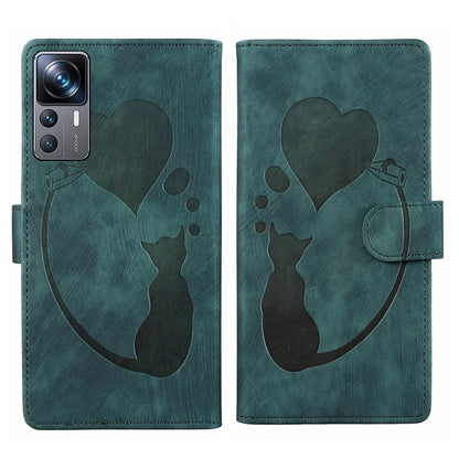 Xiaomi 12T Pen Heart Cat Embossed Leather Phone Case with Wear-Resistant TPU+PU, Lightweight Wallet Stand Function, and Precise Cutouts for Ultimate Protection