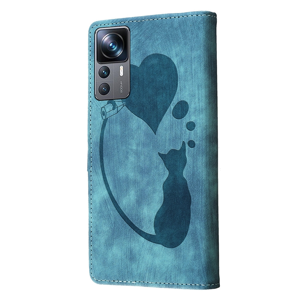 Xiaomi 12T Pen Heart Cat Embossed Leather Phone Case with Wear-Resistant TPU+PU, Lightweight Wallet Stand Function, and Precise Cutouts for Ultimate Protection