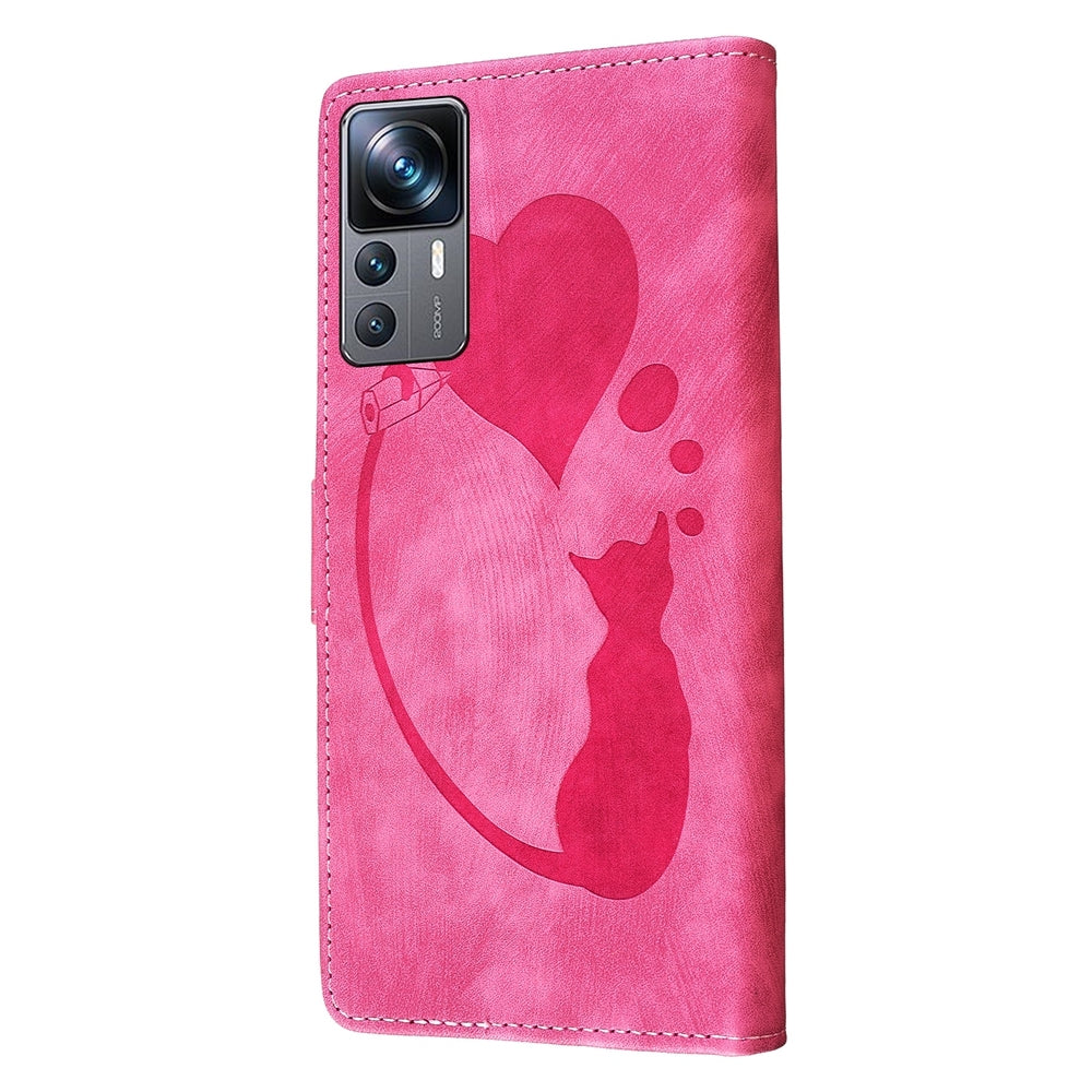 Xiaomi 12T Pen Heart Cat Embossed Leather Phone Case with Wear-Resistant TPU+PU, Lightweight Wallet Stand Function, and Precise Cutouts for Ultimate Protection