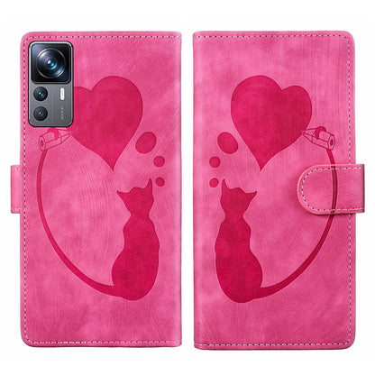Xiaomi 12T Pro Pen Heart Cat Embossed Leather Phone Case with Wear-Resistant TPU+PU, Lightweight Wallet Stand Function, and Precise Cutouts for Ultimate Protection