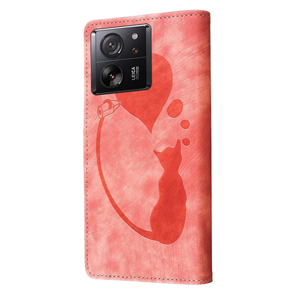 Xiaomi 13T Pro Pen Heart Cat Embossed Leather Phone Case with Wear-Resistant TPU+PU, Lightweight Wallet Stand Function, and Precise Cutouts for Ultimate Protection