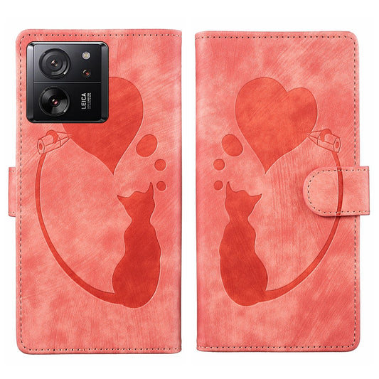 Xiaomi 13T Pro Pen Heart Cat Embossed Leather Phone Case with Wear-Resistant TPU+PU, Lightweight Wallet Stand Function, and Precise Cutouts for Ultimate Protection