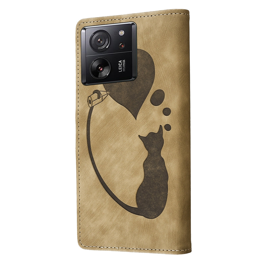 Xiaomi 13T Pen Heart Cat Embossed Leather Phone Case with Wear-Resistant TPU+PU, Lightweight Wallet Stand Function, and Precise Cutouts for Ultimate Protection