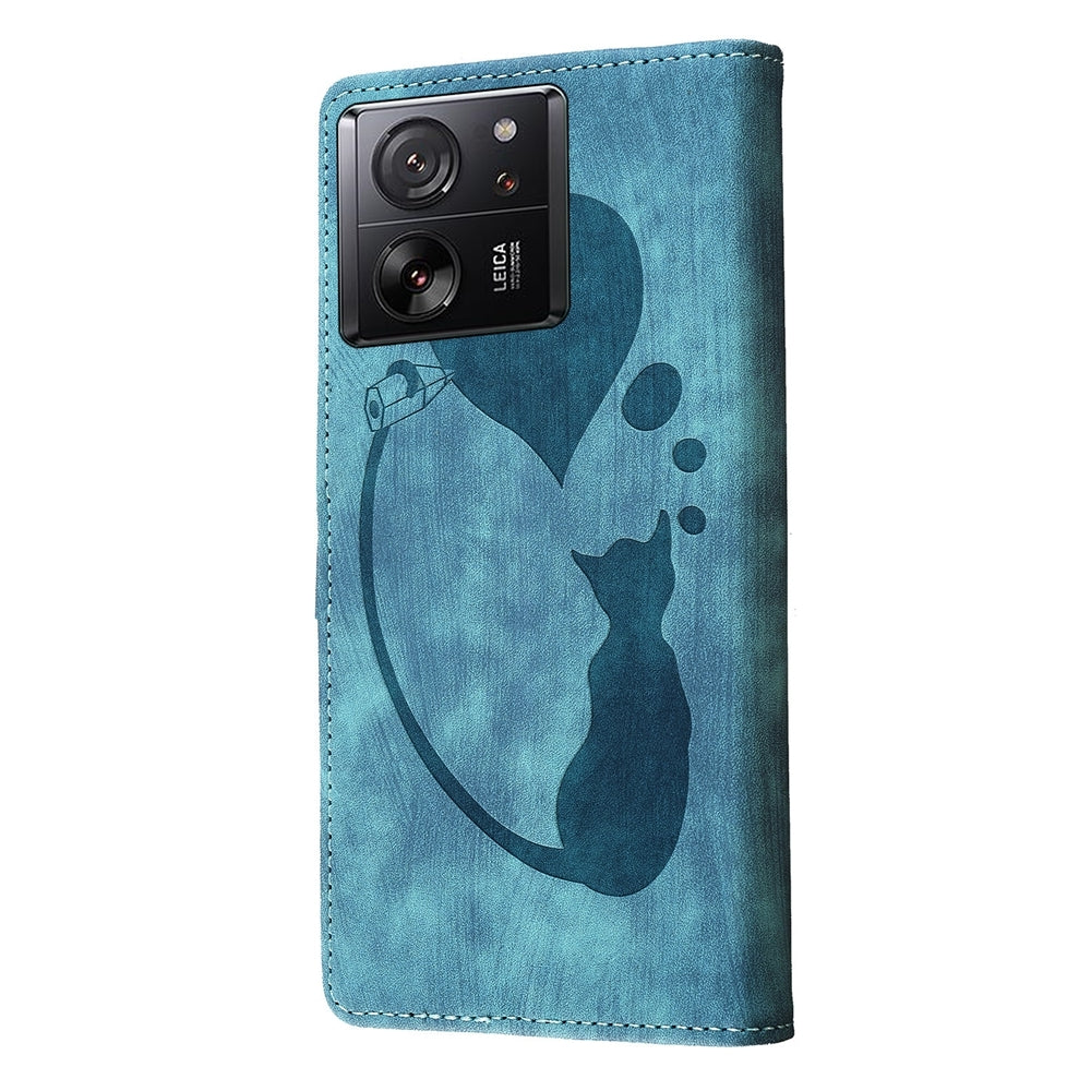 Xiaomi 13T Pro Pen Heart Cat Embossed Leather Phone Case with Wear-Resistant TPU+PU, Lightweight Wallet Stand Function, and Precise Cutouts for Ultimate Protection