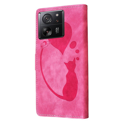 Xiaomi 13T Pro Pen Heart Cat Embossed Leather Phone Case with Wear-Resistant TPU+PU, Lightweight Wallet Stand Function, and Precise Cutouts for Ultimate Protection