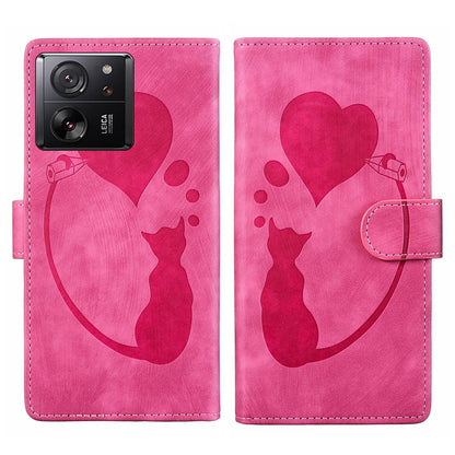 Xiaomi 13T Pro Pen Heart Cat Embossed Leather Phone Case with Wear-Resistant TPU+PU, Lightweight Wallet Stand Function, and Precise Cutouts for Ultimate Protection