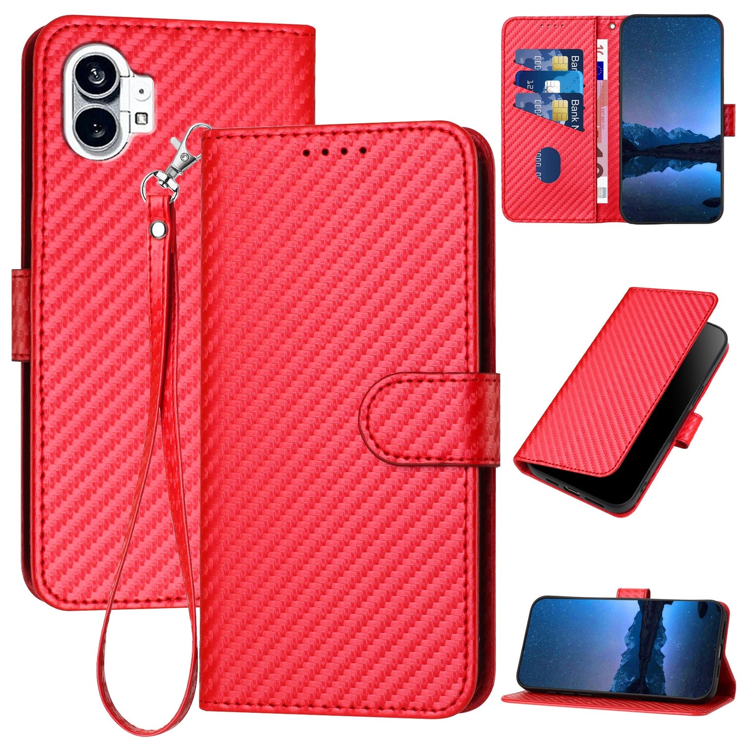 Nothing Phone 1 Carbon Fiber Buckle Leather Phone Case with Lanyard, PU Leather TPU Wallet Cover with Card Slot, Cash Compartment, Stand Function & Scratch Protection