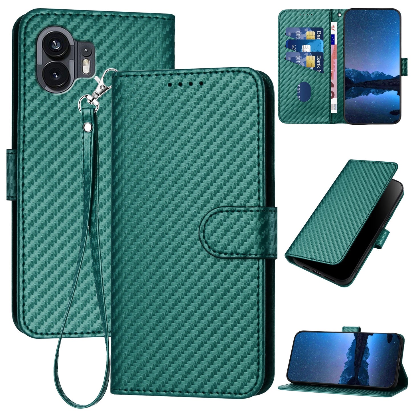 Nothing Phone 2 Carbon Fiber Buckle Leather Phone Case with Lanyard, PU Leather TPU Wallet Cover with Card Slot, Cash Compartment, Stand Function & Scratch Protection