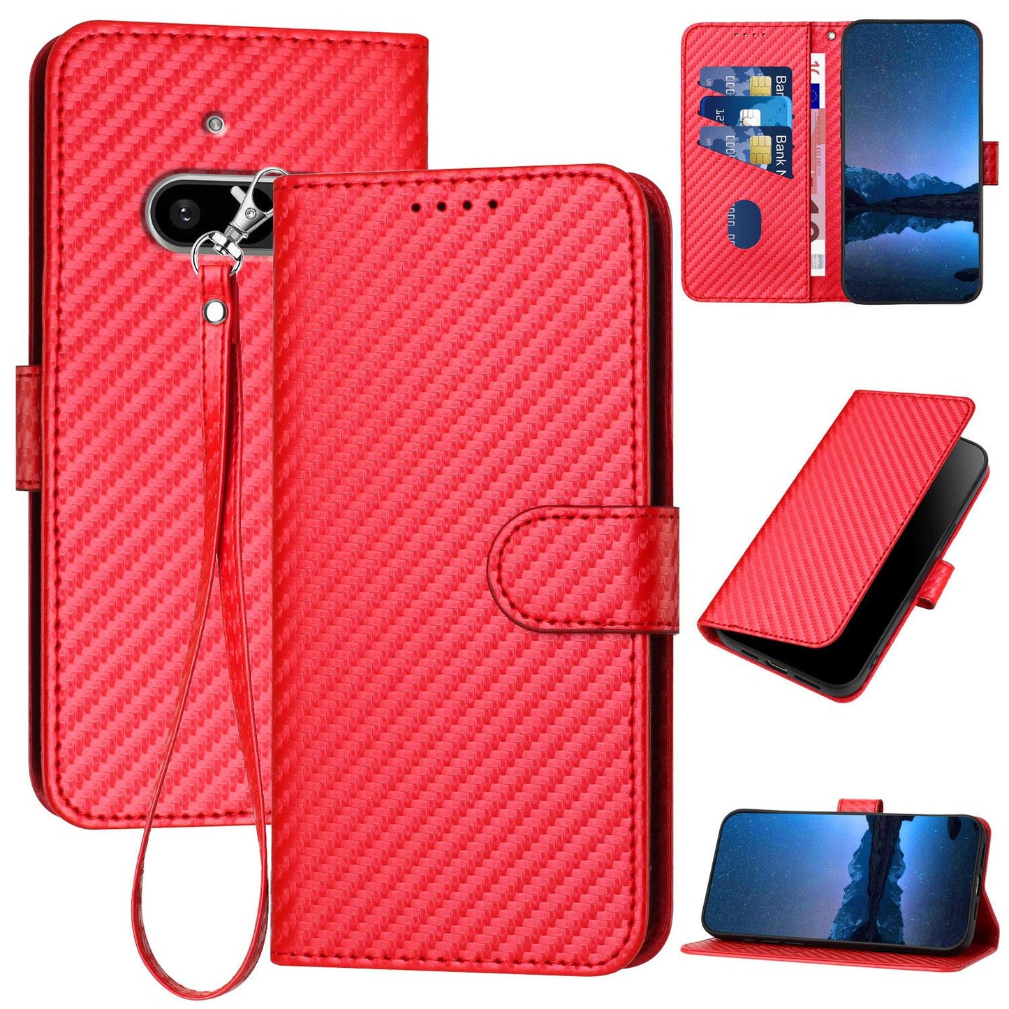 Nothing Phone 3a Carbon Fiber Buckle Leather Phone Case with Lanyard, PU Leather TPU Wallet Cover with Card Slot, Cash Compartment, Stand Function & Scratch Protection