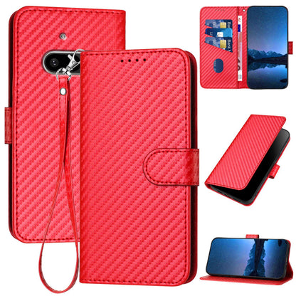 Nothing Phone 3a Carbon Fiber Buckle Leather Phone Case with Lanyard, PU Leather TPU Wallet Cover with Card Slot, Cash Compartment, Stand Function & Scratch Protection