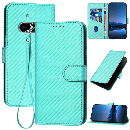 Nothing Phone 3a Carbon Fiber Buckle Leather Phone Case with Lanyard, PU Leather TPU Wallet Cover with Card Slot, Cash Compartment, Stand Function & Scratch Protection
