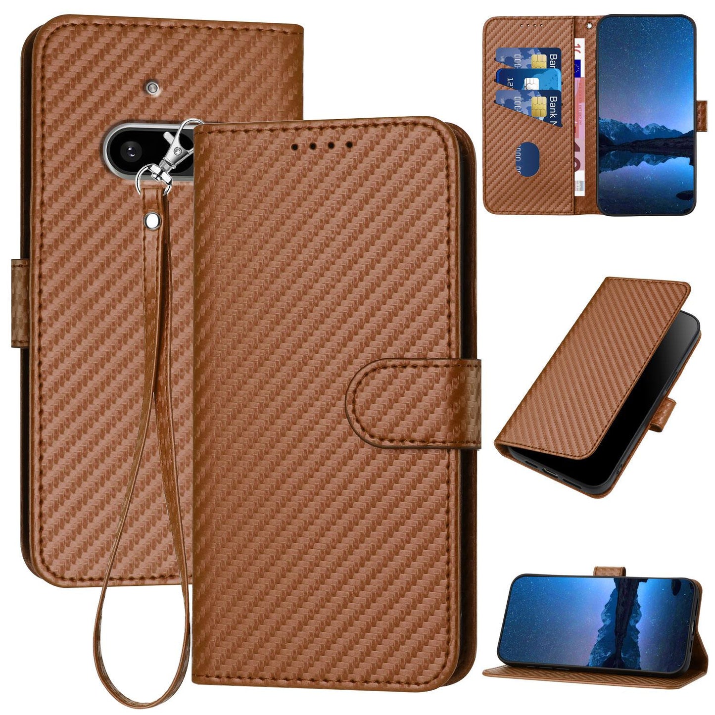 Nothing Phone 3a Carbon Fiber Buckle Leather Phone Case with Lanyard, PU Leather TPU Wallet Cover with Card Slot, Cash Compartment, Stand Function & Scratch Protection