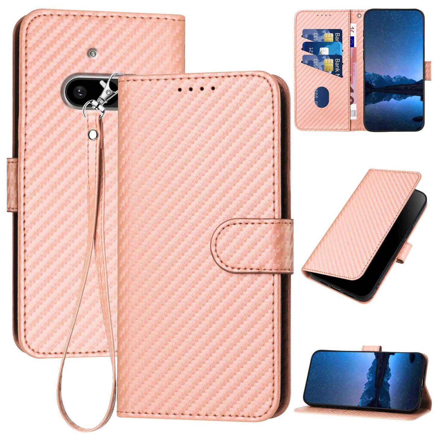 Nothing Phone 3a Carbon Fiber Buckle Leather Phone Case with Lanyard, PU Leather TPU Wallet Cover with Card Slot, Cash Compartment, Stand Function & Scratch Protection