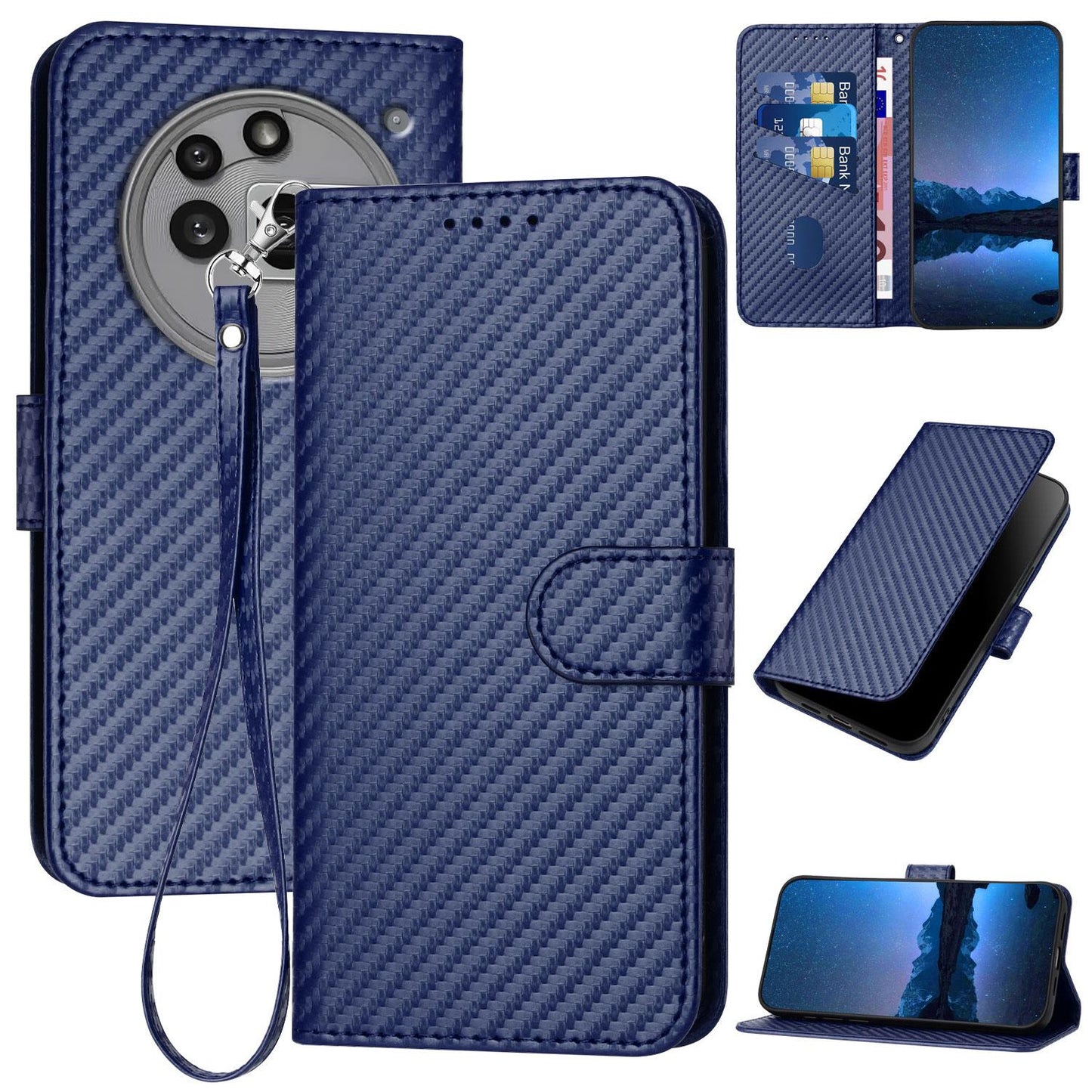 Nothing Phone 3a Pro Carbon Fiber Buckle Leather Phone Case with Lanyard, PU Leather TPU Wallet Cover with Card Slot, Cash Compartment, Stand Function & Scratch Protection