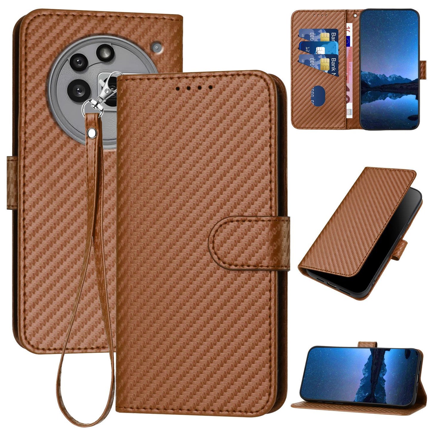 Nothing Phone 3a Pro Carbon Fiber Buckle Leather Phone Case with Lanyard, PU Leather TPU Wallet Cover with Card Slot, Cash Compartment, Stand Function & Scratch Protection