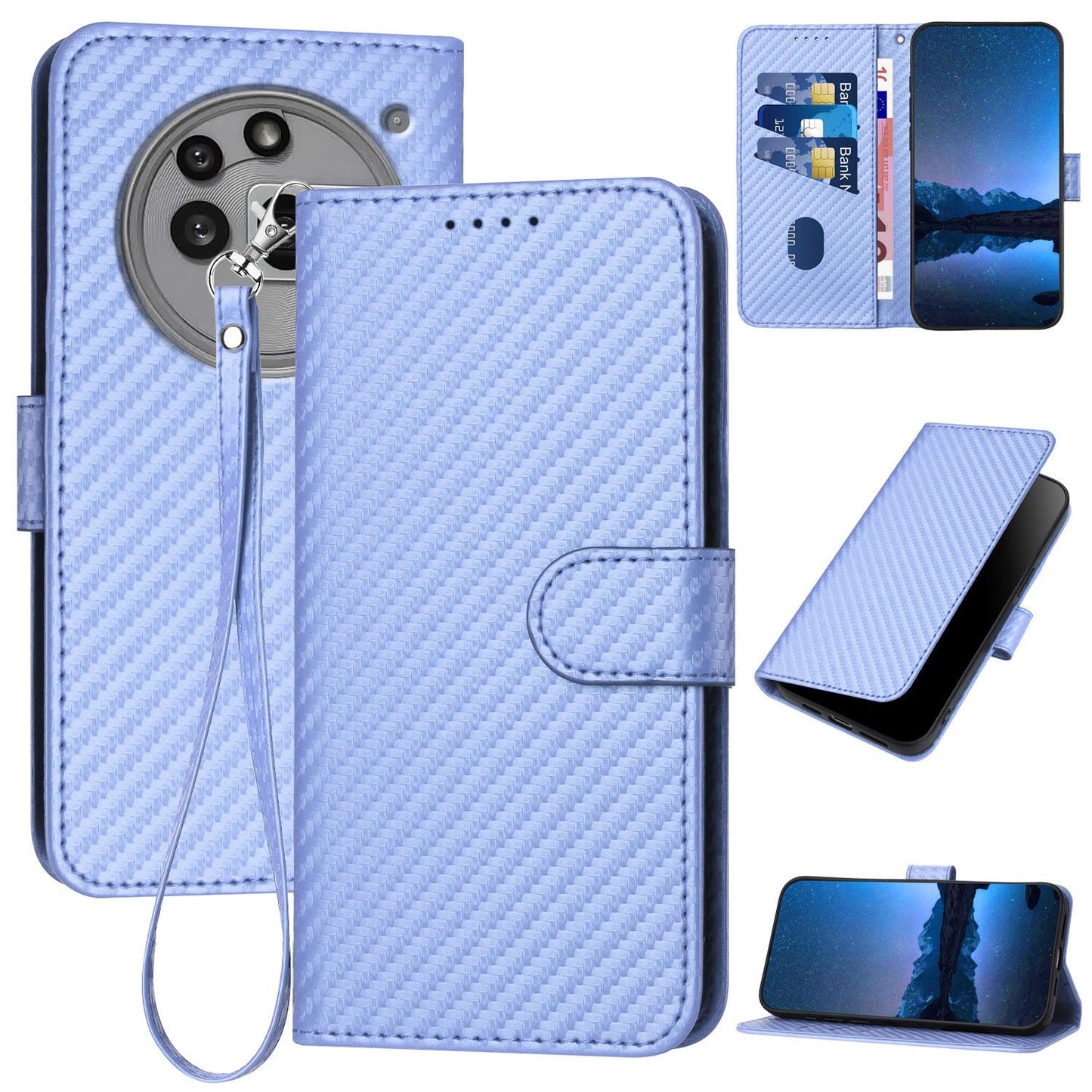 Nothing Phone 3a Pro Carbon Fiber Buckle Leather Phone Case with Lanyard, PU Leather TPU Wallet Cover with Card Slot, Cash Compartment, Stand Function & Scratch Protection
