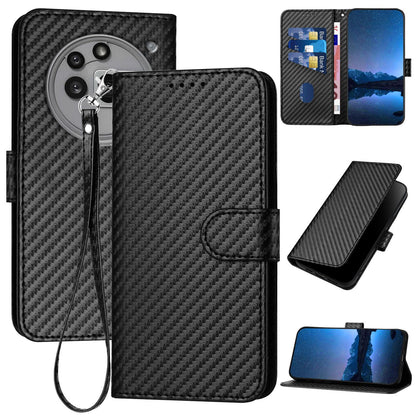 Nothing Phone 3a Pro Carbon Fiber Buckle Leather Phone Case with Lanyard, PU Leather TPU Wallet Cover with Card Slot, Cash Compartment, Stand Function & Scratch Protection