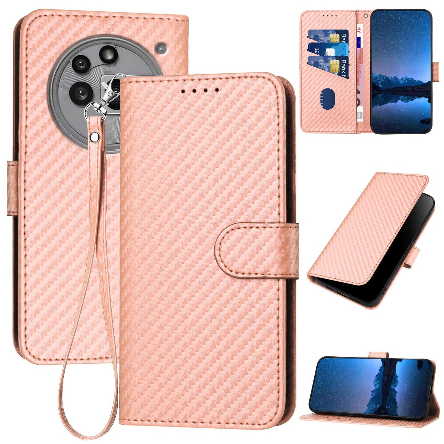 Nothing Phone 3a Pro Carbon Fiber Buckle Leather Phone Case with Lanyard, PU Leather TPU Wallet Cover with Card Slot, Cash Compartment, Stand Function & Scratch Protection