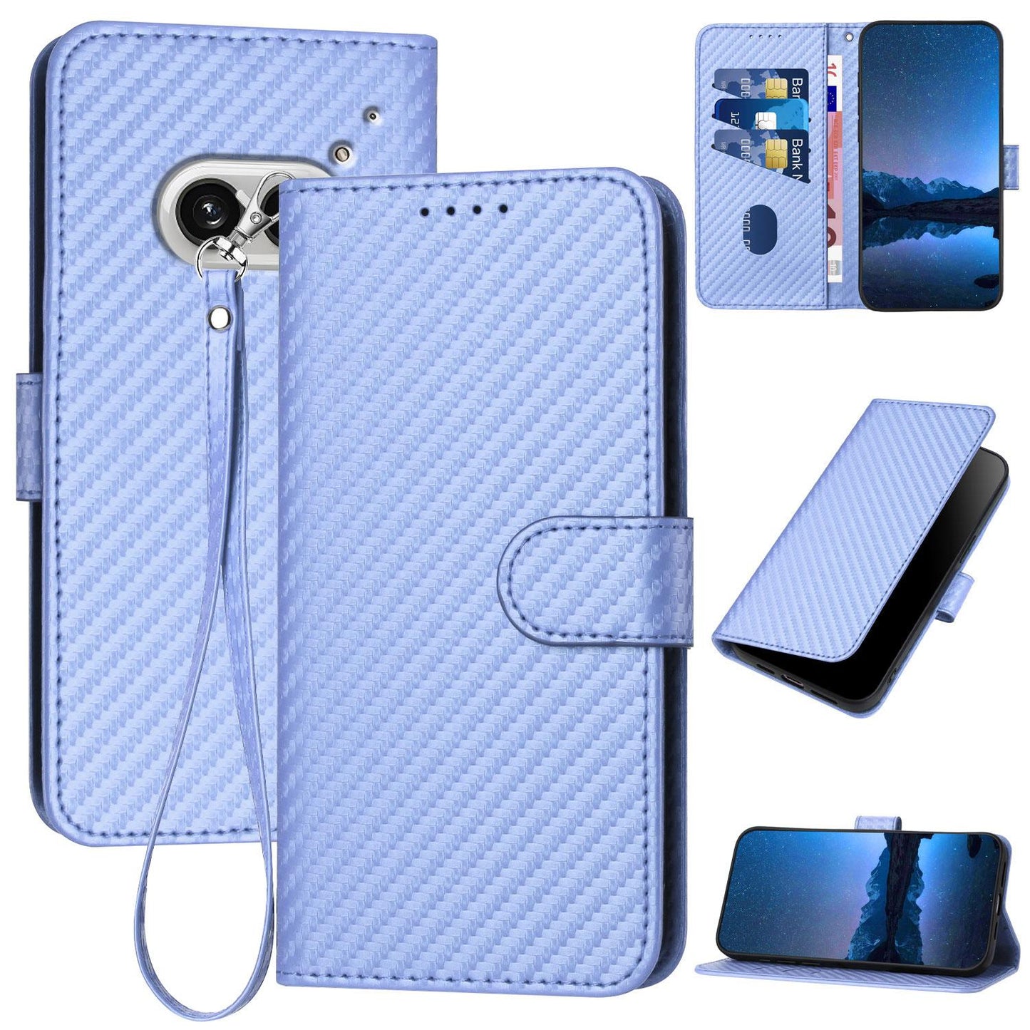 Nothing Phone 2a Carbon Fiber Buckle Leather Phone Case with Lanyard, PU Leather TPU Wallet Cover with Card Slot, Cash Compartment, Stand Function & Scratch Protection